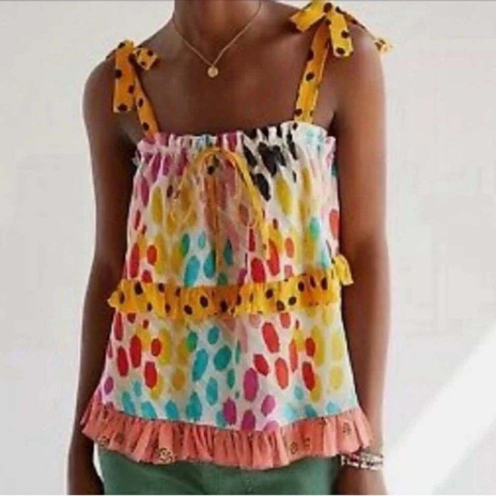 Anthropologie Conditions Apply Ruffle printed tiered abstract tie blouse - XS
